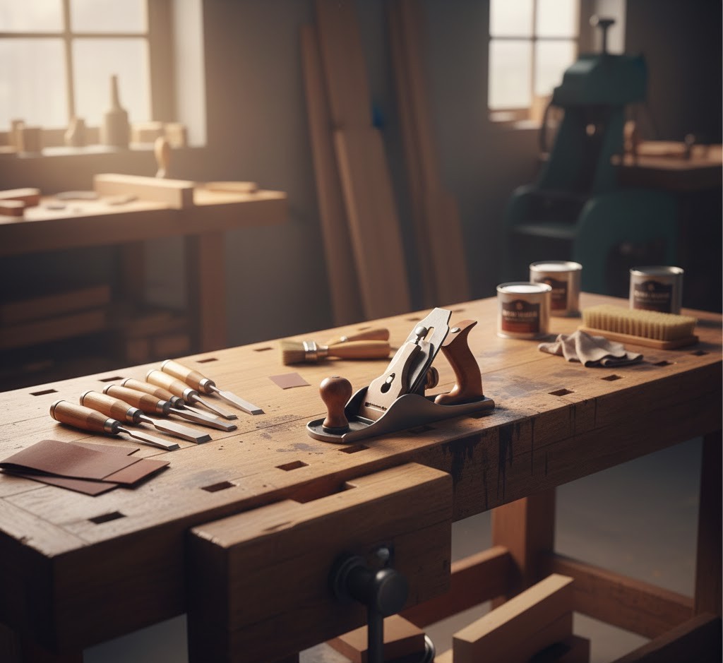 Vintage wooden workbench with professional restoration tools