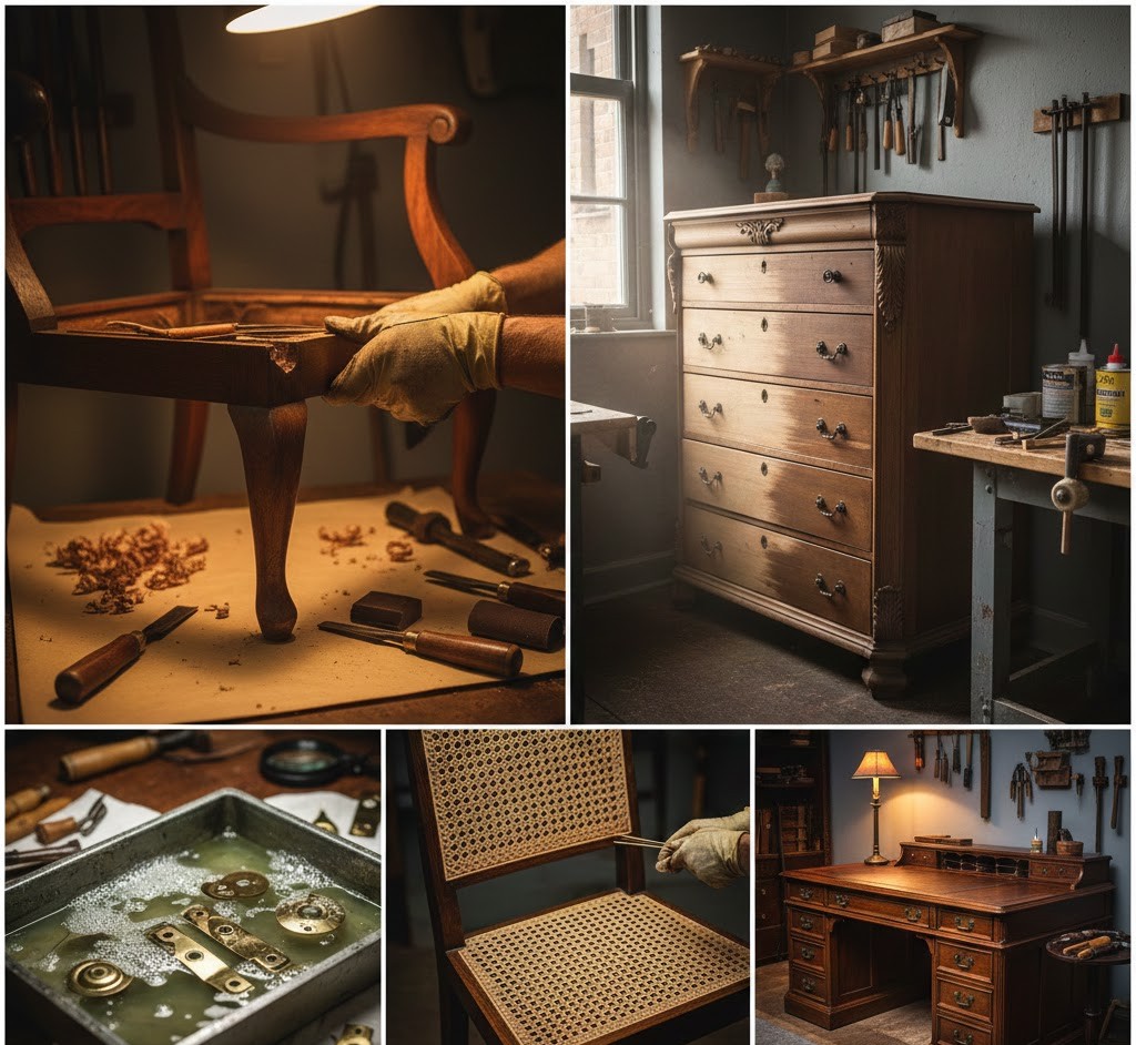 Various furniture pieces undergoing restoration