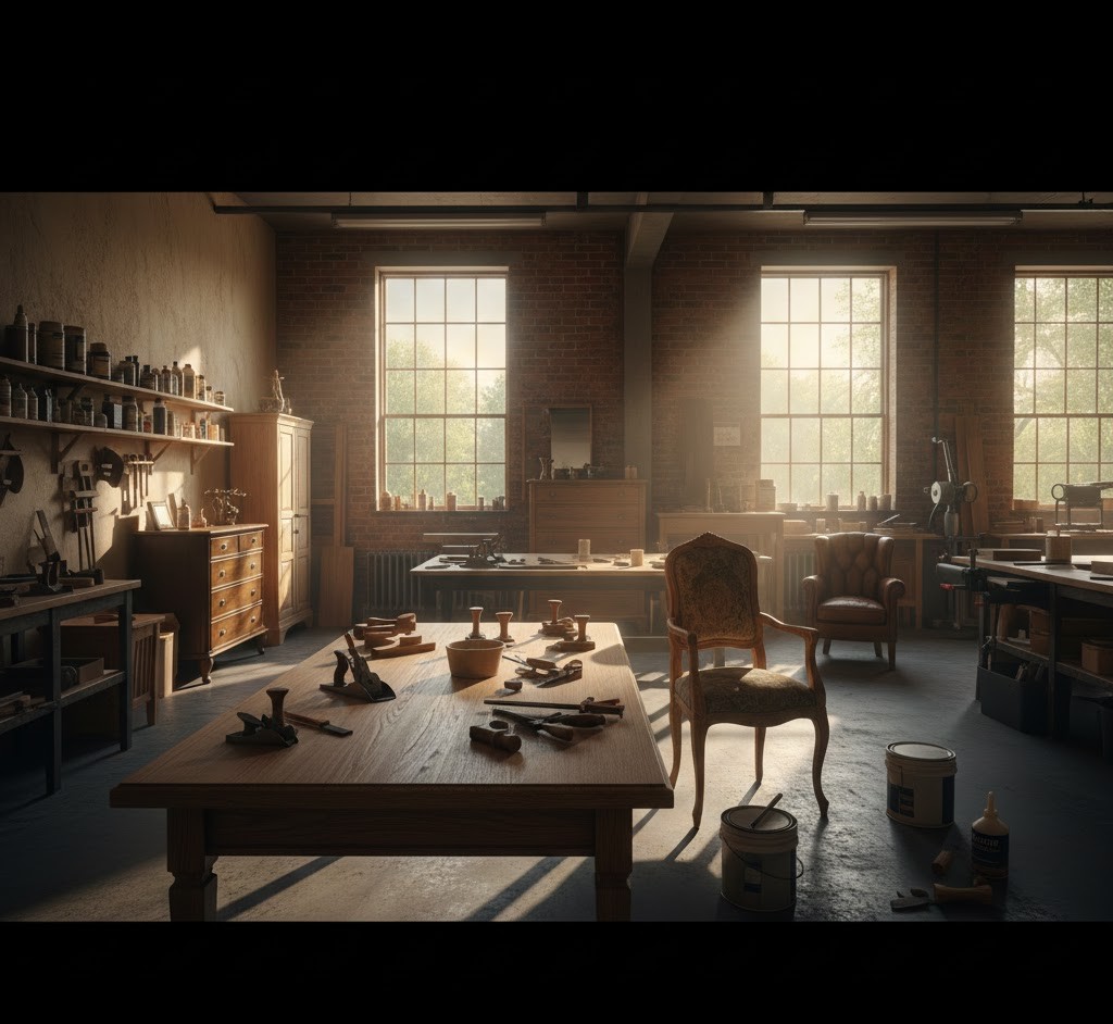 Professional furniture restoration workshop
